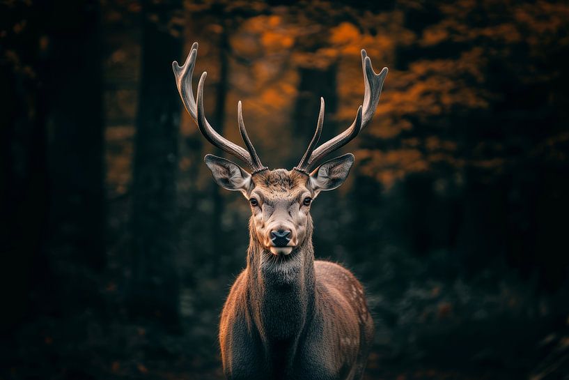 Portrait d'un cerf à la lueur orangée par Digitale Schilderijen