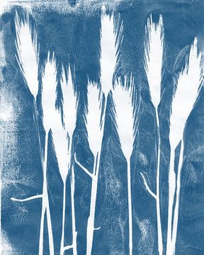 Grassprieten in wit en blauw. Botanische monoprint van Dina Dankers
