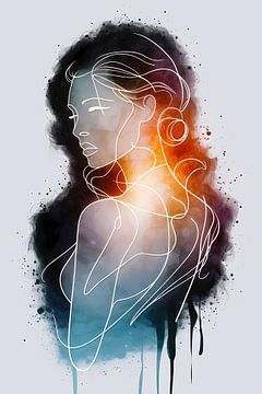 Frau in abstrakten Farben und Linien von De Muurdecoratie