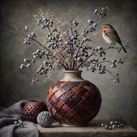 Berry Song – botanical painting featuring a robin and a woven vase by Kleurenrijk