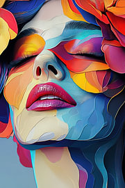 Kleurrijk modern abstract vrouwenportret met bloemen van Wilma Mesman