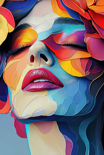 Colourful modern abstract portrait of a woman with flowers