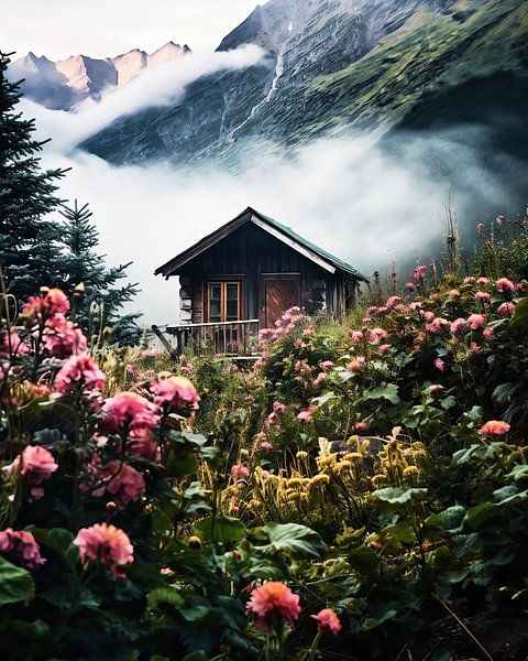 Hut in de bergen van fernlichtsicht
