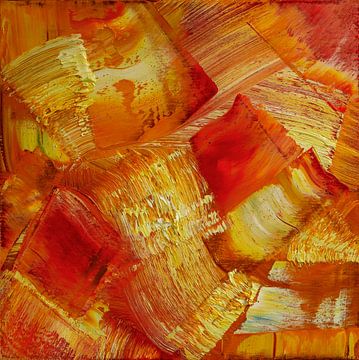Abstract olieverf schilderij,  rood, oranje, geel en goud van BowiScapes abstract en digitale kunst