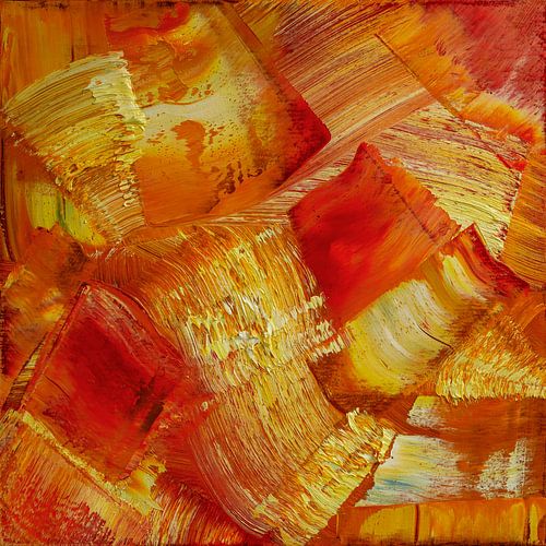 Abstract olieverf schilderij,  rood, oranje, geel en goud
