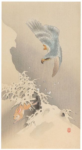 Ohara Koson - Nördlicher Habicht auf der Jagd nach einem Kaninchen (bearbeitet) von Peter Balan