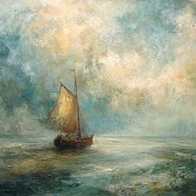 Sailboat in Misty Sea - Large Maritime Painting in Blue and Gold Tones by Peter Pen Drawings and Paintings
