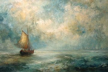 Segelboot im nebligen Meer – Großes maritimes Gemälde in Blau- und Goldtönen von Peter Pen Zeichnungen und Gemälde