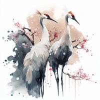 Kraniche und Kirschblüte