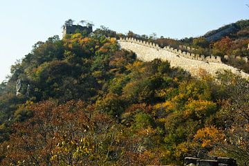 Wall on the cliff. Towers and walls of the great Chinese wall in a dense autumn forest by Michael Semenov