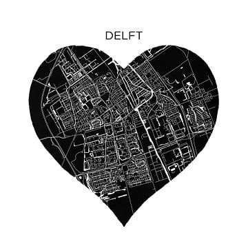 Delft in een zwarte hart  | Stadskaart als Wandcirkel