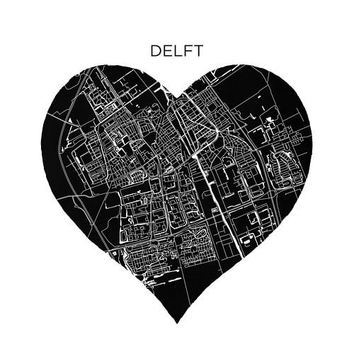 Delft in einem schwarzen Herz | Stadtplan als Wandkreis