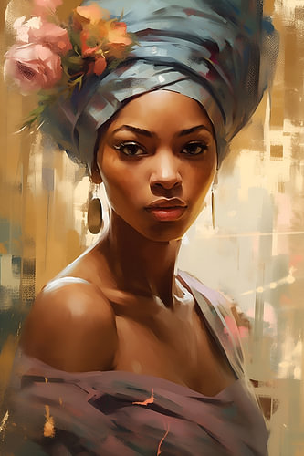Femme africaine portant un turban bleu-gris