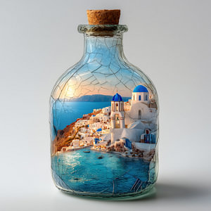Santorini, Greece, in a glass bottle