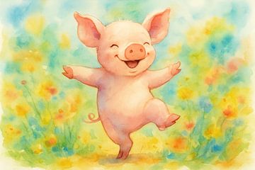 Watercolor Pig Dancing in Floral Field
