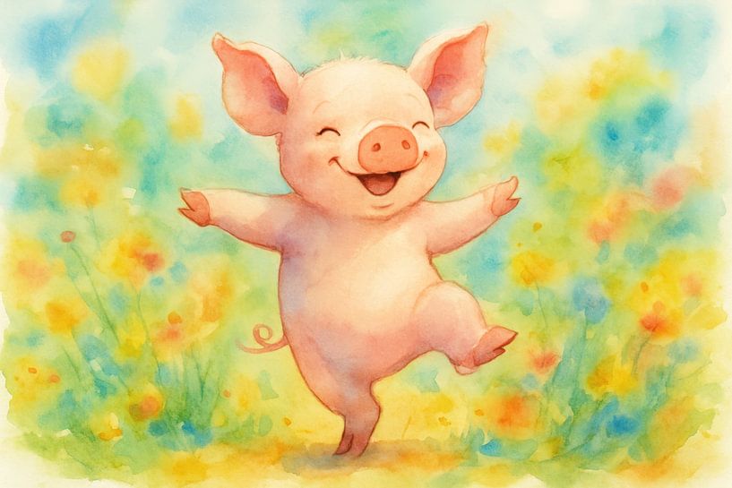 Watercolor Pig Dancing in Floral Field by Markus Gann