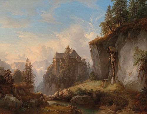 Franz Barbarini, berglandschap met kapel en kruisbeeld, 1853