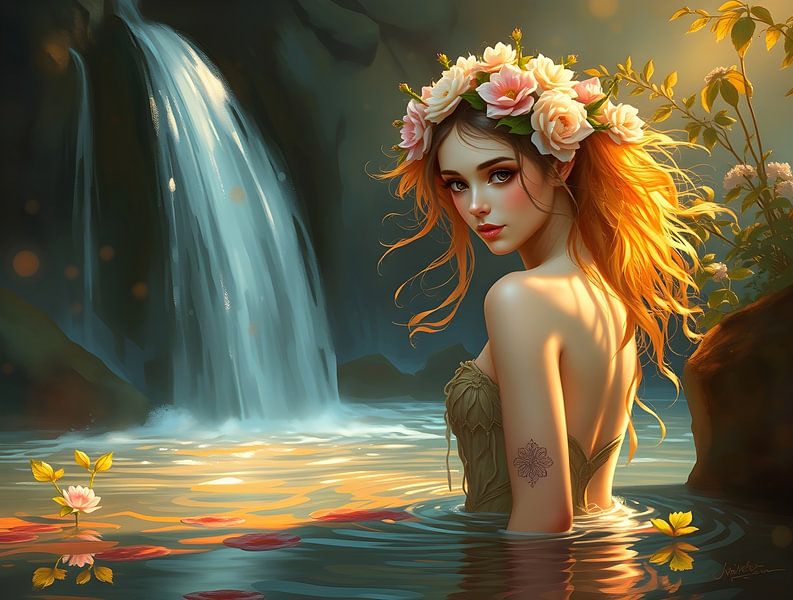 Nymph at waterfall by Linda de Klein