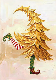 Golden Christmas elf performing a lively dance by AidasignArt