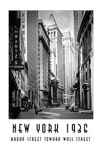 New York 1936: Broad Street richting Wall Street van Christian Müringer