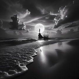 Moonlight on the beach - black and white art picture by ButterflyPix