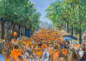 Königstag von orange gekleideter Menge gefeiert Rozengracht Amsterdam von Paul Nieuwendijk