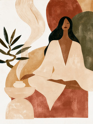 Woman meditating in warm, natural earth tones