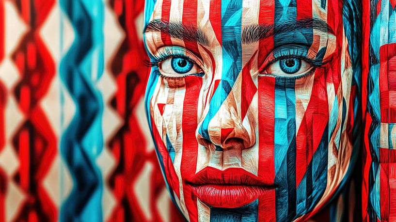 Woman with geometric face painting by Frank Heinz