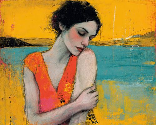 Painting of a woman wearing a bright orange dress | Orange Woman by Abstract Painting