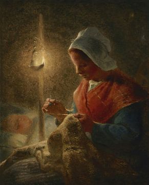 Frau näht bei Lampenlicht, Jean-François Hirse