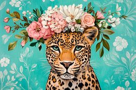 Leopard with flower head on turquoise by Poster Art Shop