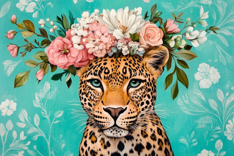 Leopard mit Blumenkopf auf Türkis von Poster Art Shop