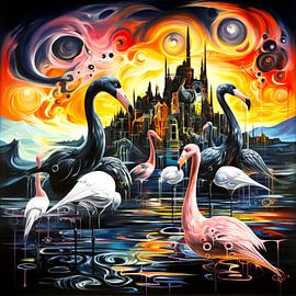 Black swans lake sunset surreal landscape