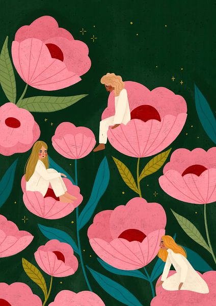 Trois femmes assises sur de grandes fleurs roses par Bea Müller