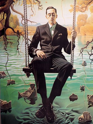 Surrealistische man in pak op schommel over water