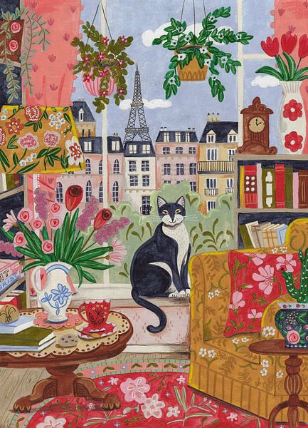 Cat in front of window in Paris bright colours by Caroline Bonne Müller