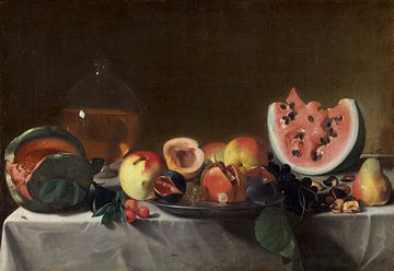 Stilleven met fruit en karaf (ca. 1610-1620) door Pensionante del Saraceni. van Dina Dankers