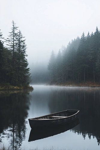 Roeiboot in mistig boslandschap
