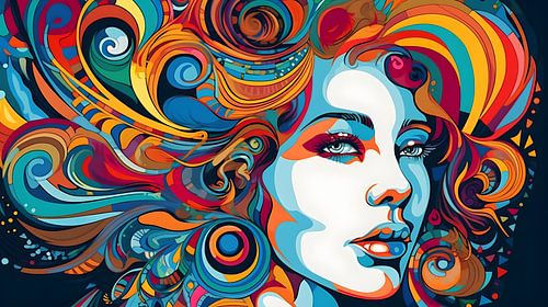 Vrouw, profiel, meetkundige vormen en heldere kleuren