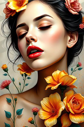 schilderij vrouw   met bloemen