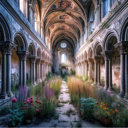 Wilde bloemen in verlaten kloostertuin