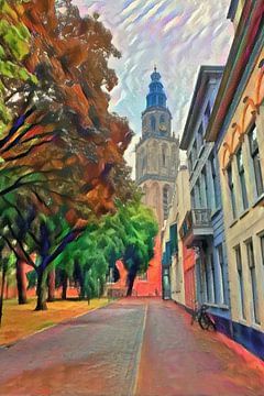 Schilderij Martinitoren Groningen vanaf Martinikerkhof