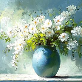 Blumenvase | Weiße Blumen in blauer Vase von Wunderbare Kunst