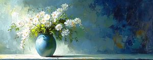 Blumenvase | Weiße Blumen in blauer Vase