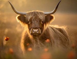 Schottische Highlander inmitten von Mohnblumen in der goldenen Stunde
