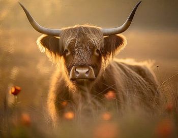 Schotse hooglander tussen de klaprozen in het gouden uur