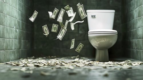Geldverspilling in een groezelige badkamer
