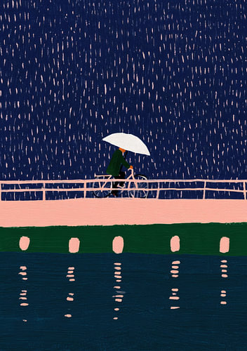 A quiet ride in the rain – a cyclist with a white umbrella on a bridge