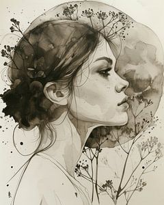 Botanische Illustration einer jungen Frau, Aquarell