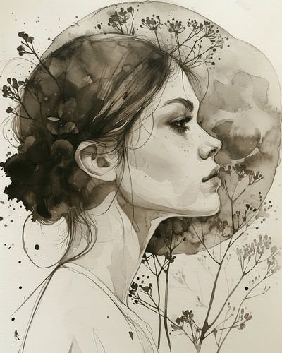 Botanical illustration of a young woman, watercolour